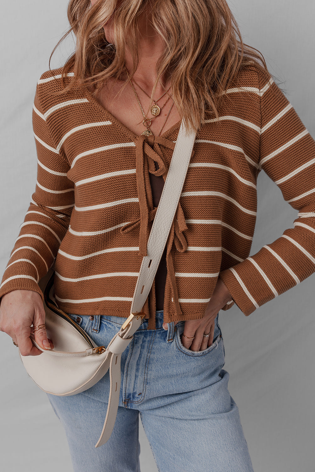 Stripe Tie-Front V-Neck Cardigan Sweater