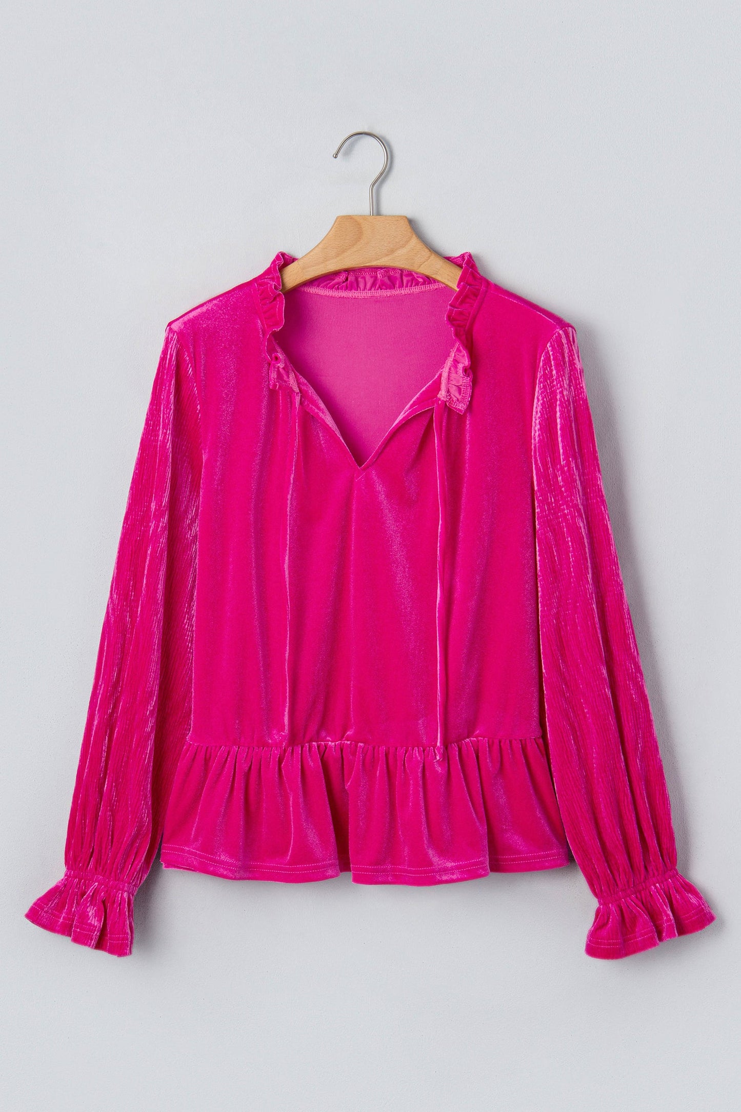 Solid Velvet V-Neck Ruffle Cuff Long Sleeve Top