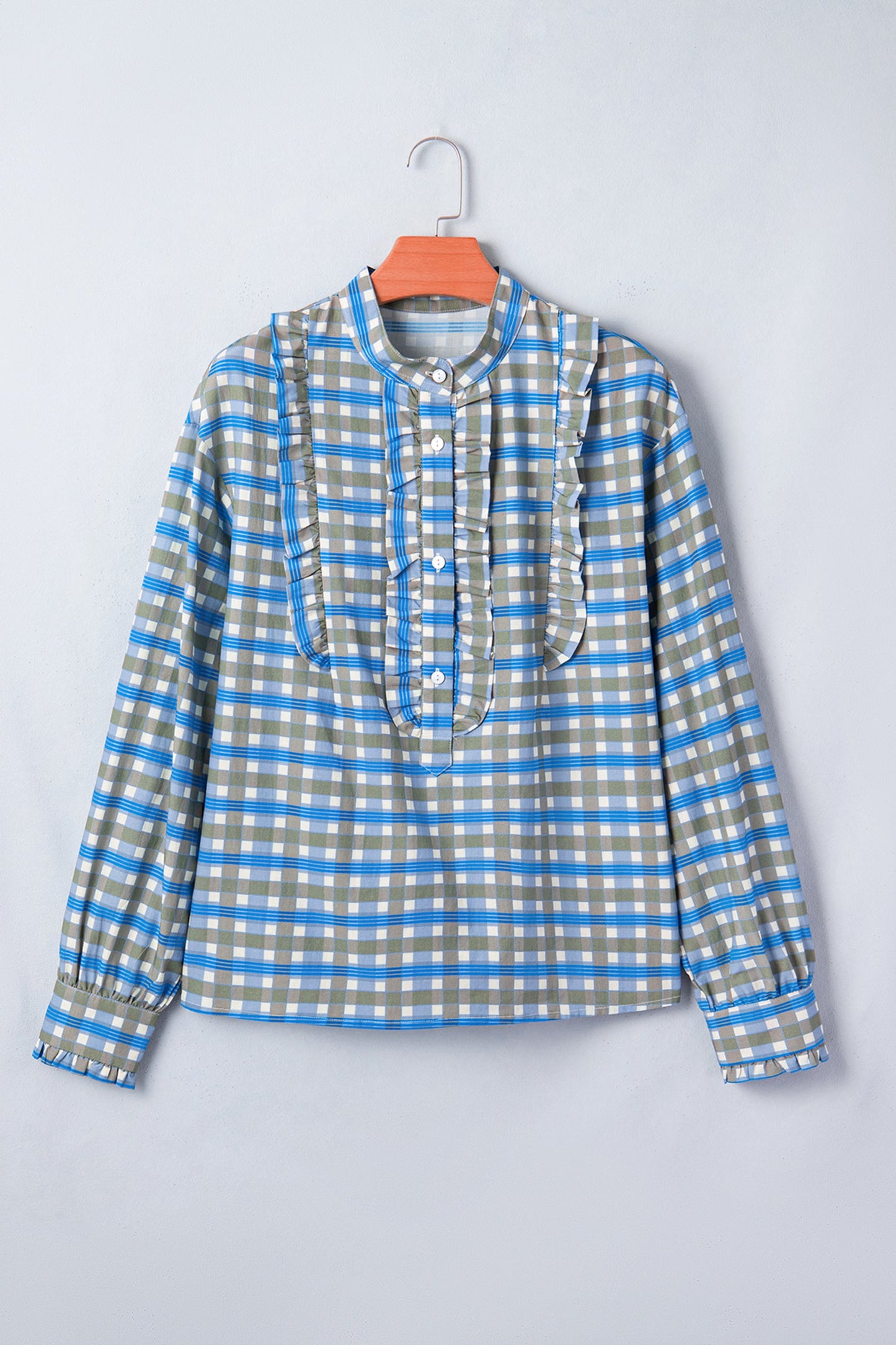 Gingham Plaid Long Sleeve Frilled Half Button Blouse