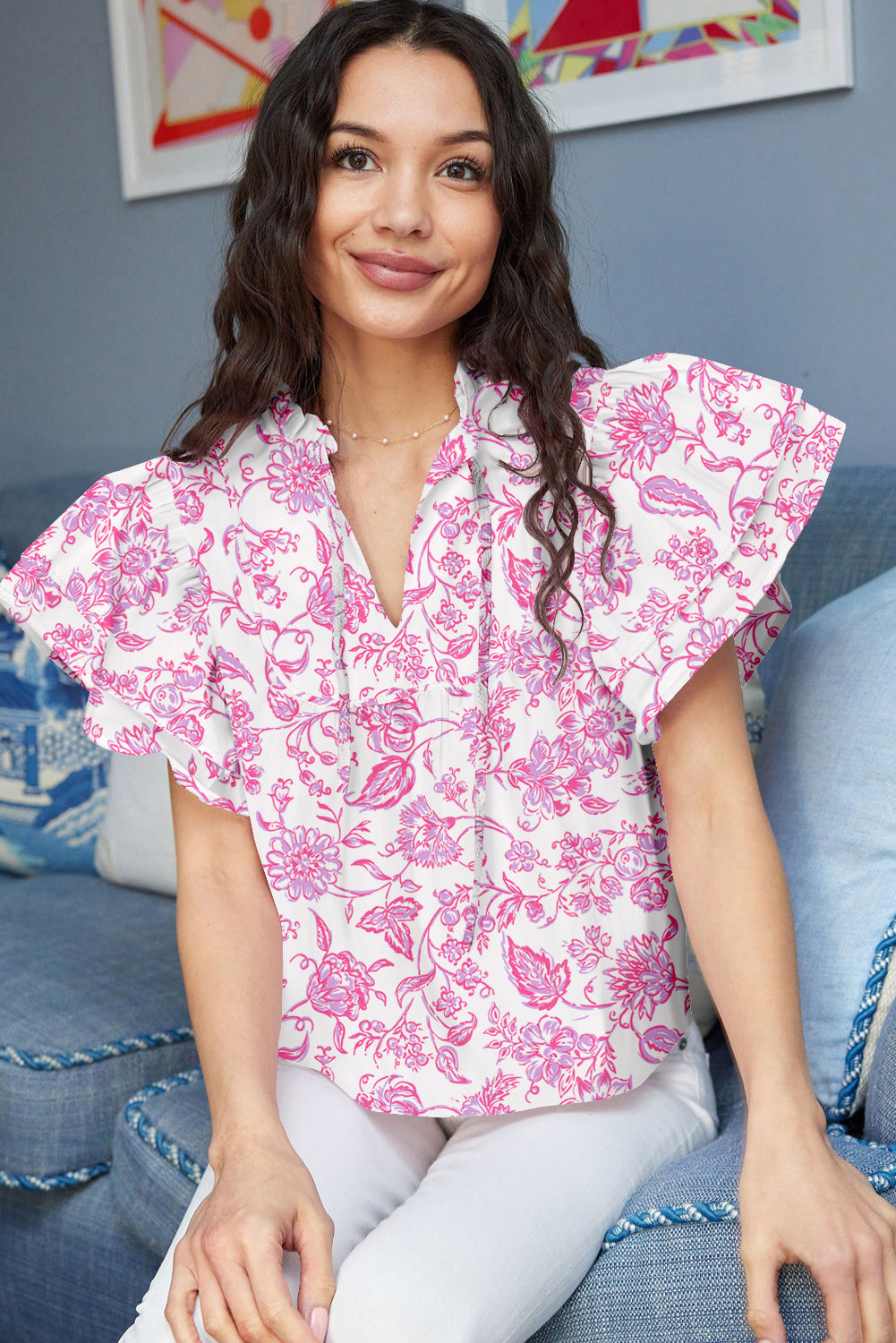 Floral Ruffle Sleeve V-Neck Blouse