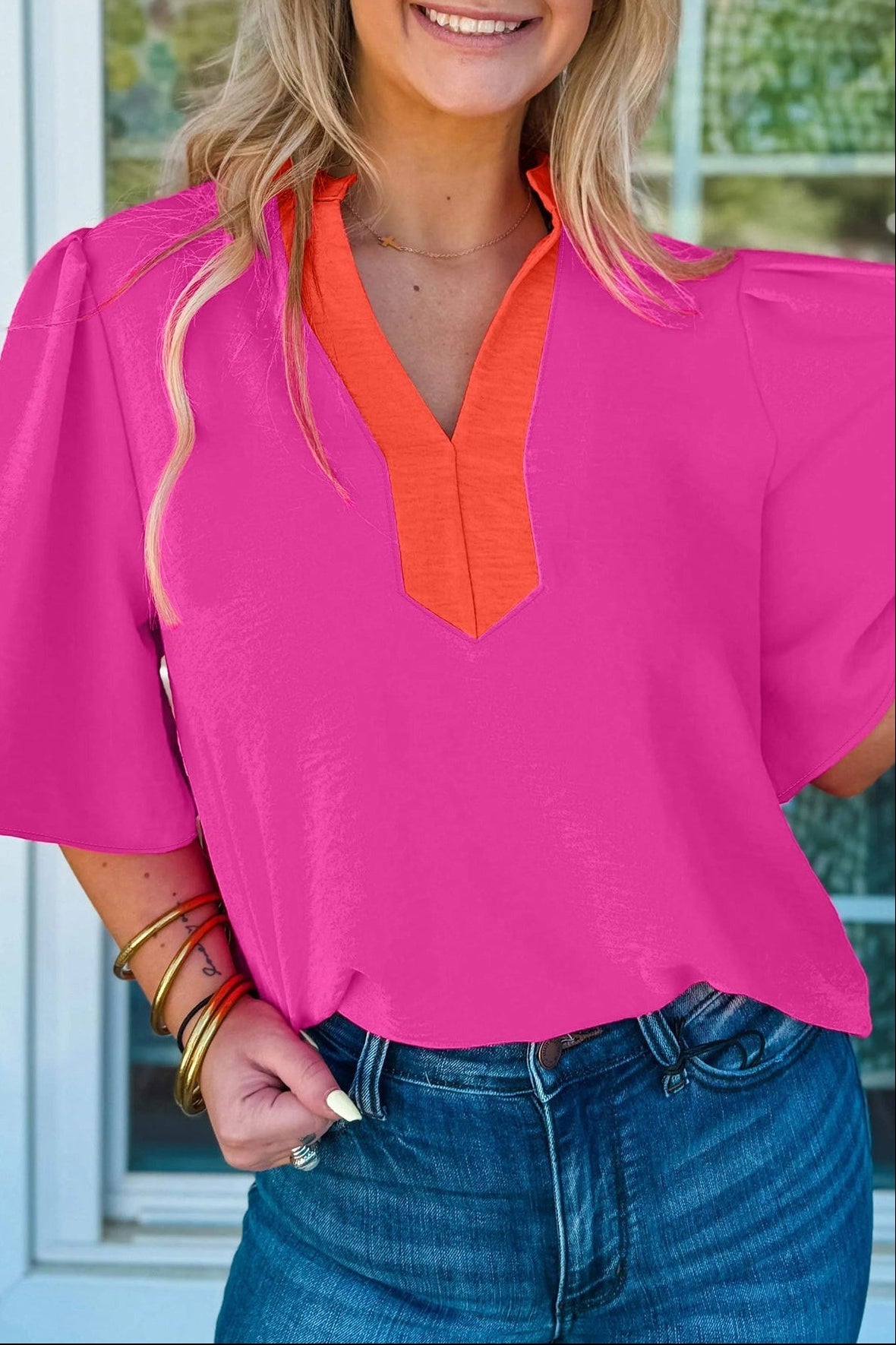 Colorblock Contrast V-Neck Wide Short Sleeve Top