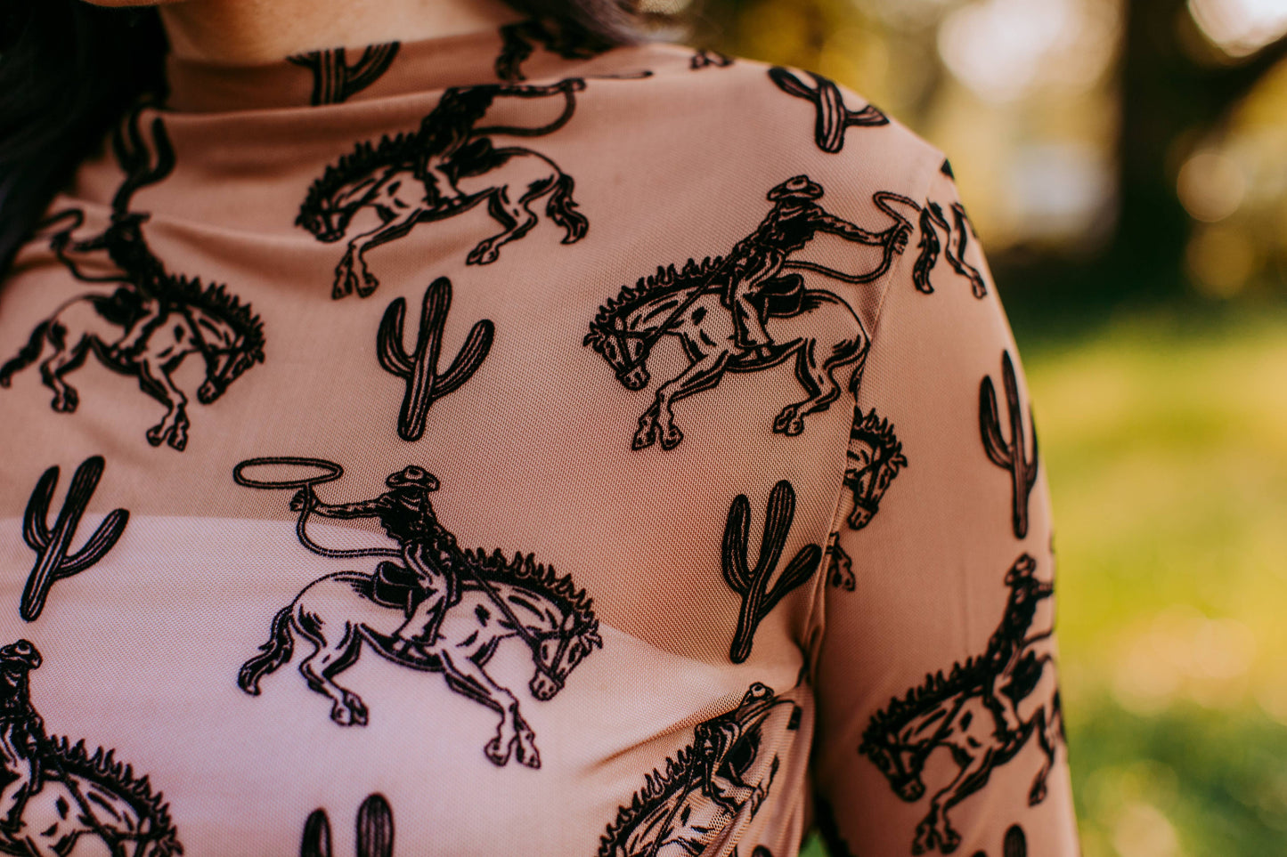 Velvet Cactus & Cowboys Brown Mesh Top – Western Print 3D Cactus & Cowboy Design
