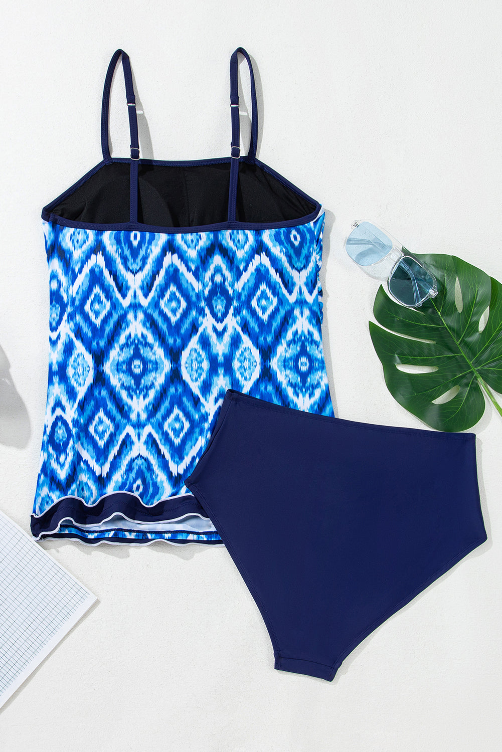 Abstract Frilled Trim Spaghetti Straps Tankini Set
