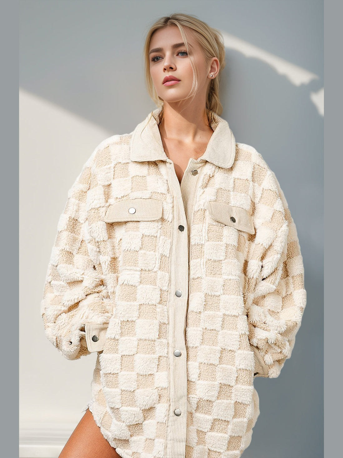 Women Women Double Take Button Up Fuzzy Checkered Shacket