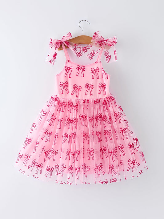 Spring and Summer Pink Tulle Bow Party Dress for Girls