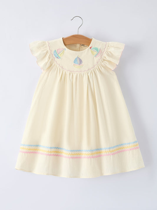 Rainbow Sailboat Embroidered Girls Dress