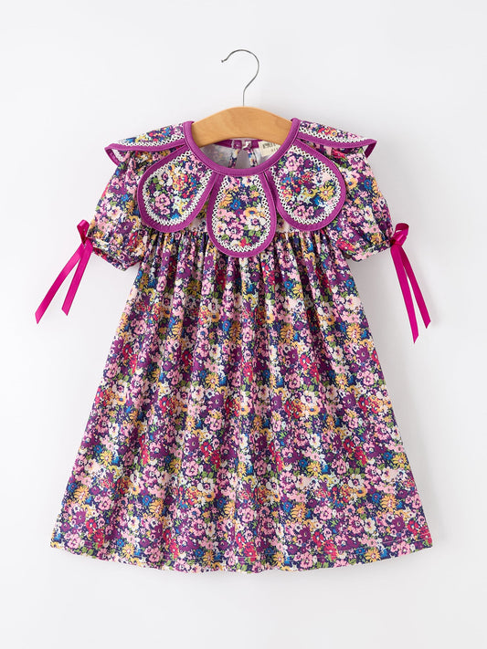 Purple Floral Bow Petals Collar Girls Dress