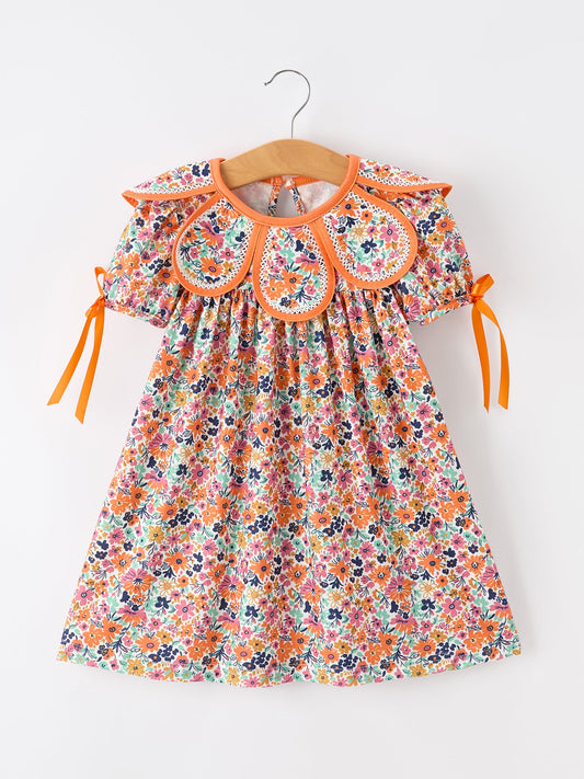 Orange Floral Bow Petals Collar Girls Dress