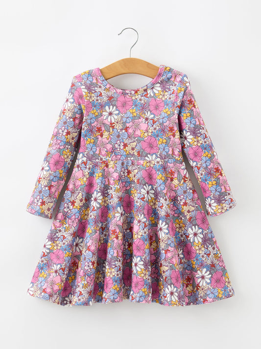 Fall Vintage Floral Print Girls Long Sleeve Twirl Dress