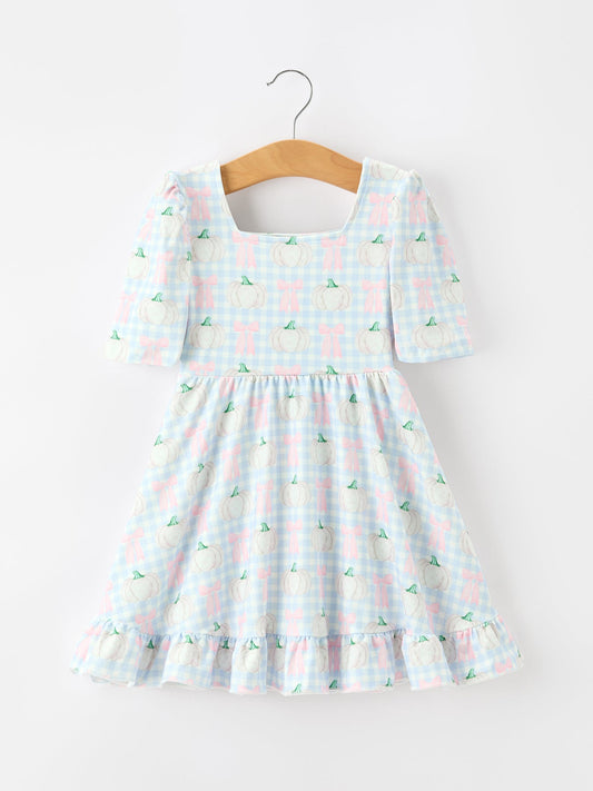 Fall Pastel Pumpkin Bow Plaid Girls Ruffle Hem Dress