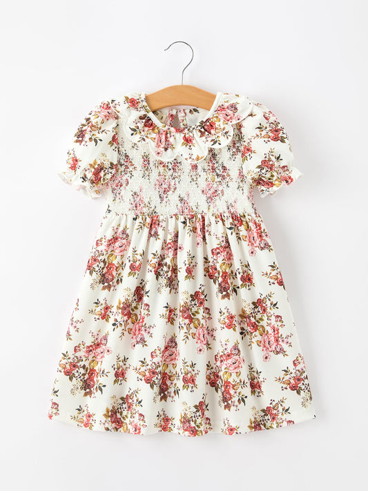 Fall Garden Girls Dress Smocked Petal Collar Bow