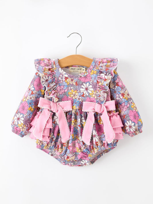 Fall Vintage Floral Print Girls Long Sleeve Romper