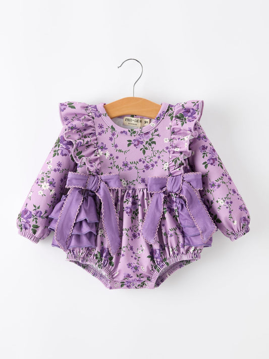 Fall Lavender Floral Print Girls Long Sleeve Romper