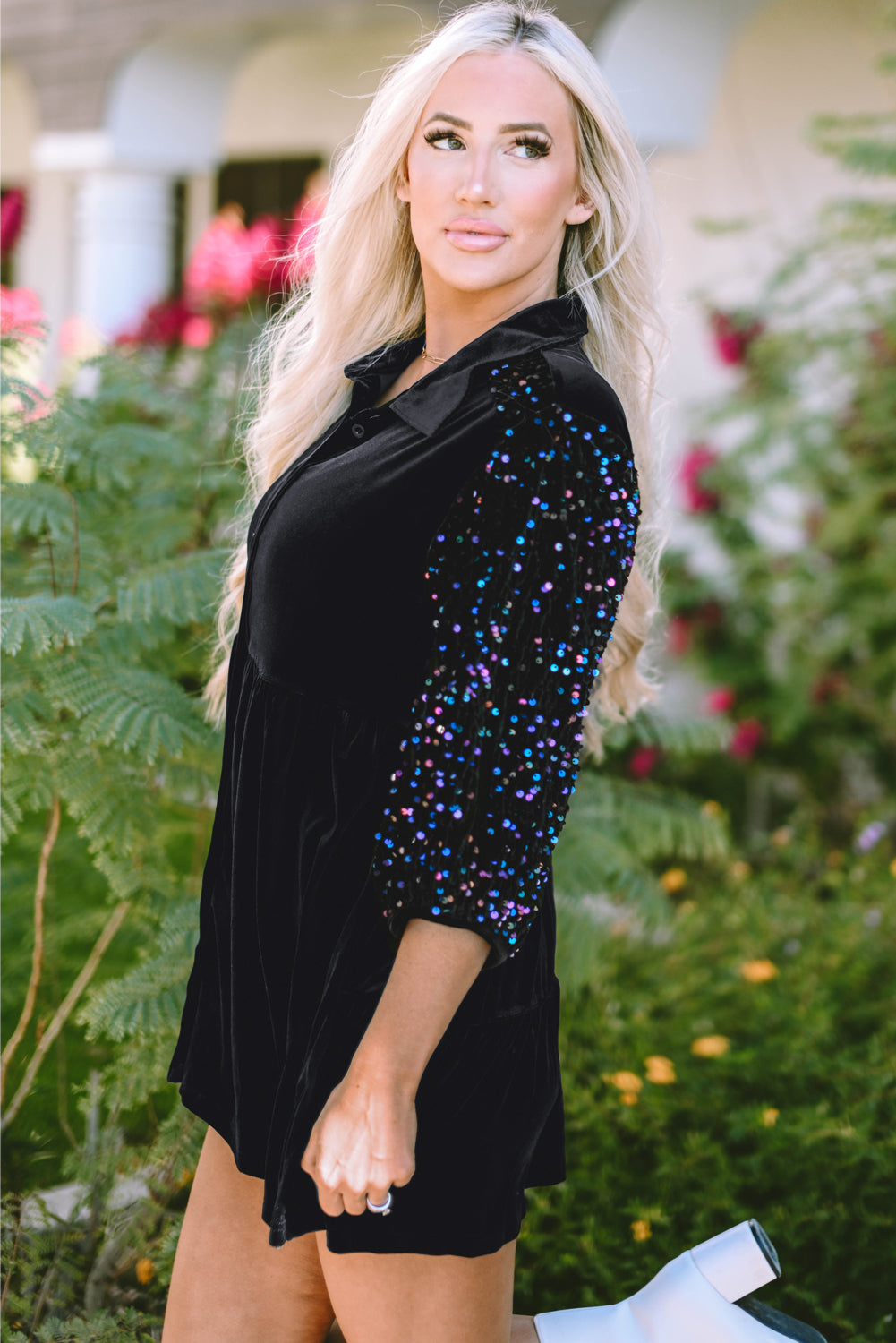 Velvet Sequin Puff Sleeve Buttoned Peplum Shirt