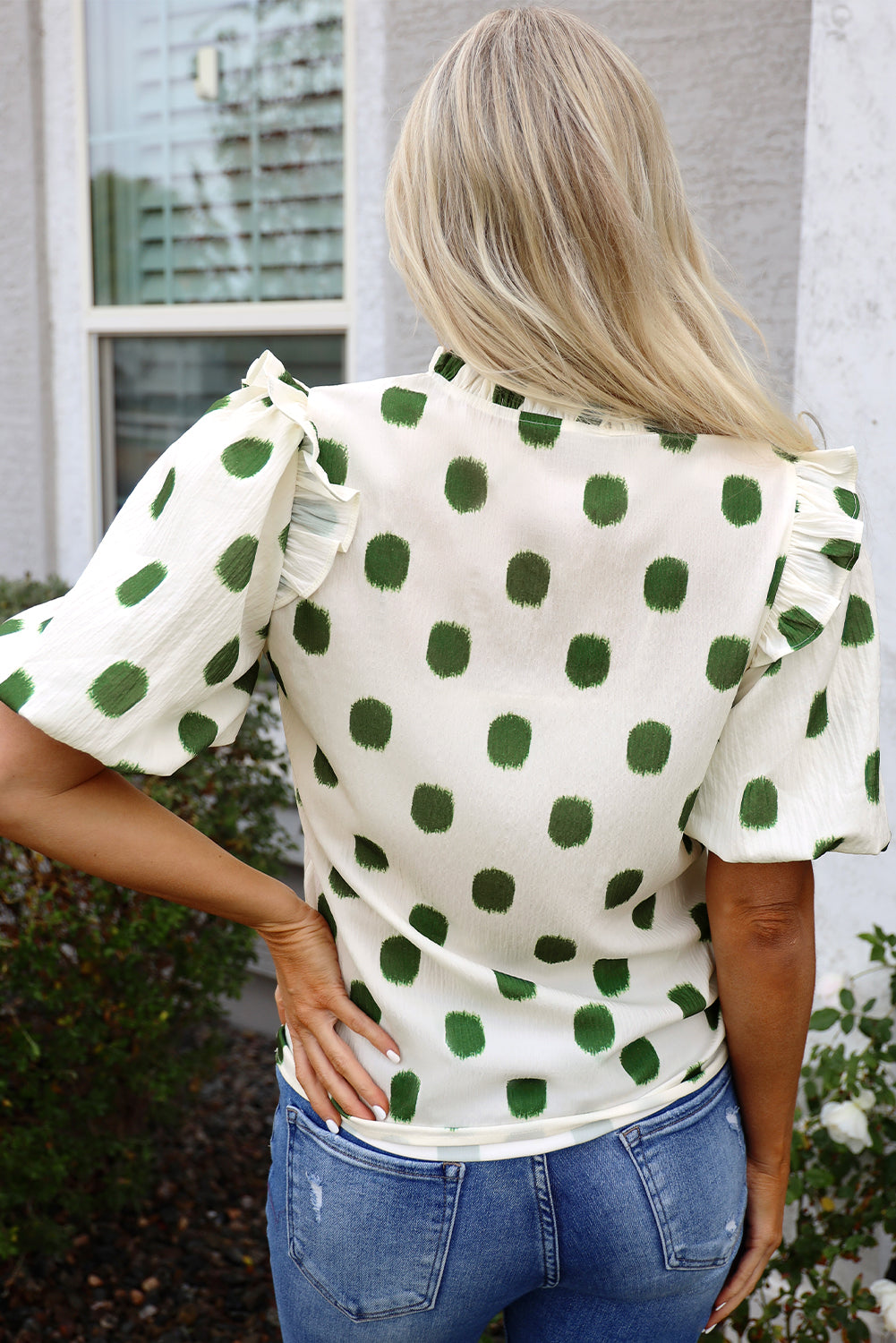 Notched Neck Shirred Yoke Balloon Sleeve Blouse