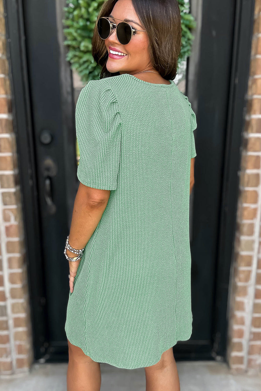 Blossom Corded Crew Neck Puff Sleeve Mini Dress