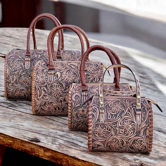 Tan floral tooled leather speedy duffle bag