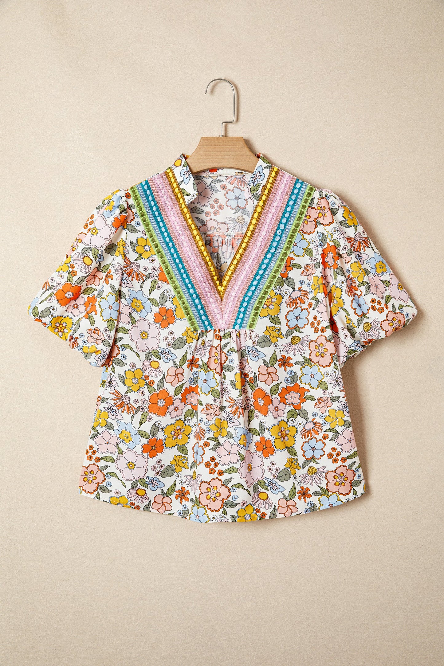 Boho Floral Crochet V-Neck Puff Sleeve Blouse