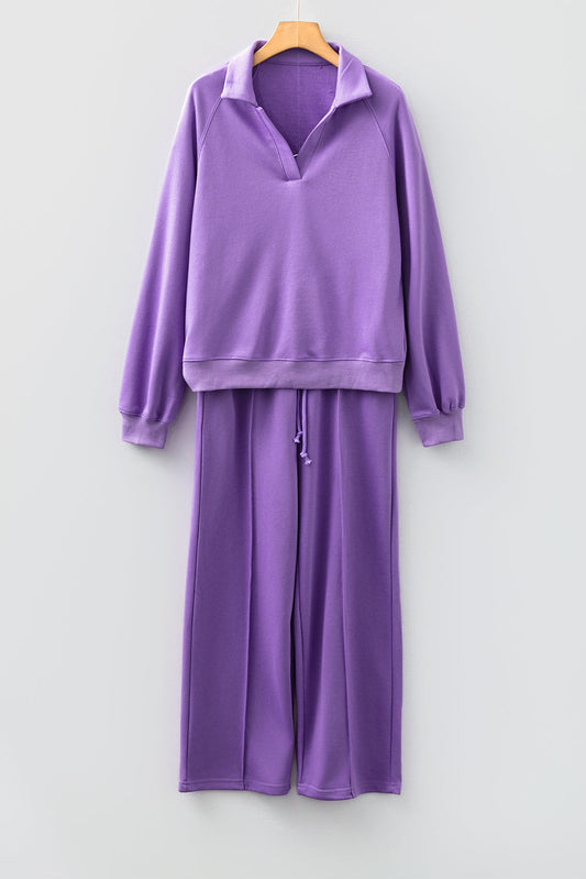 Solid Collared Top and Central Seam Pants Set