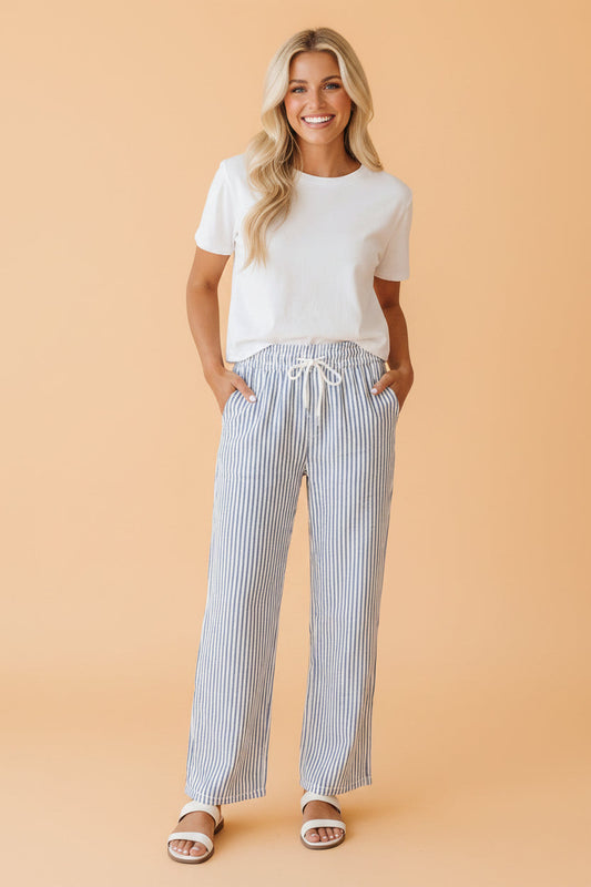 Stripe Drawstring Elastic Waist Wide Leg Pants