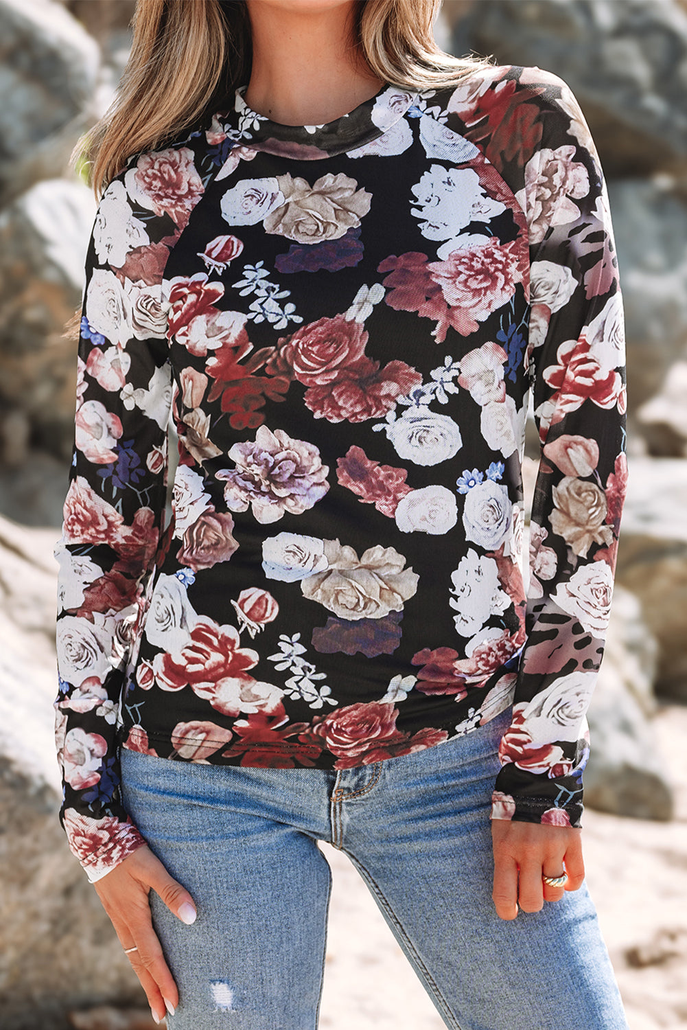 Floral Mesh Mock Neck Top