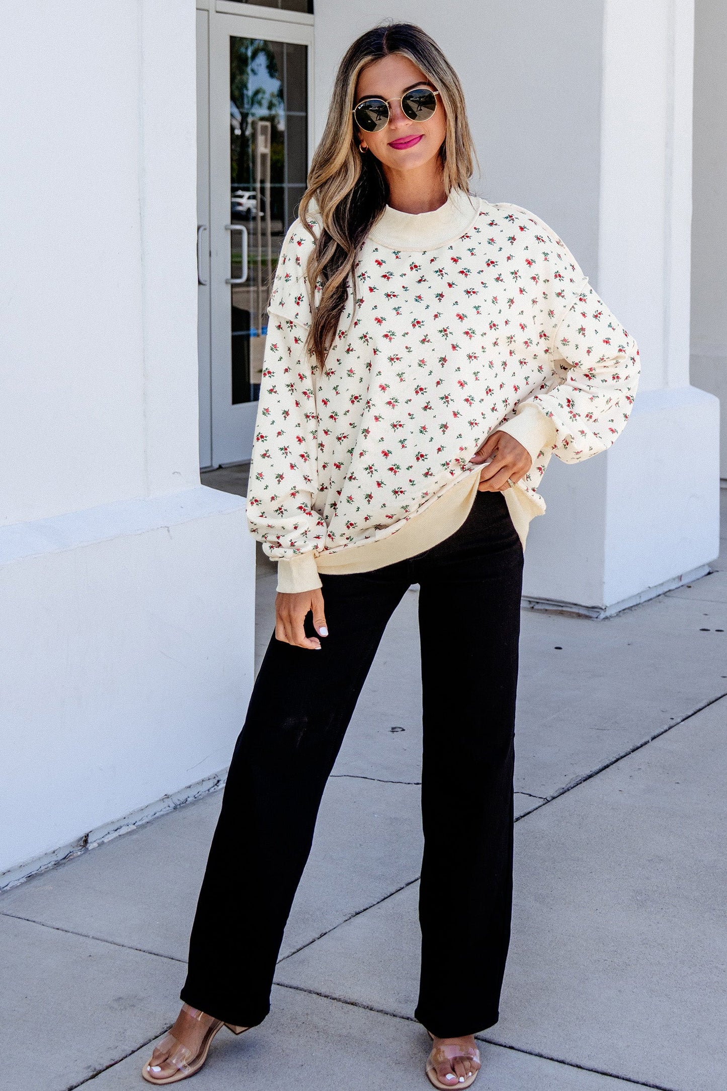 Floral Ribbed High Neck Exposed Hem Baggy Sweatshirt