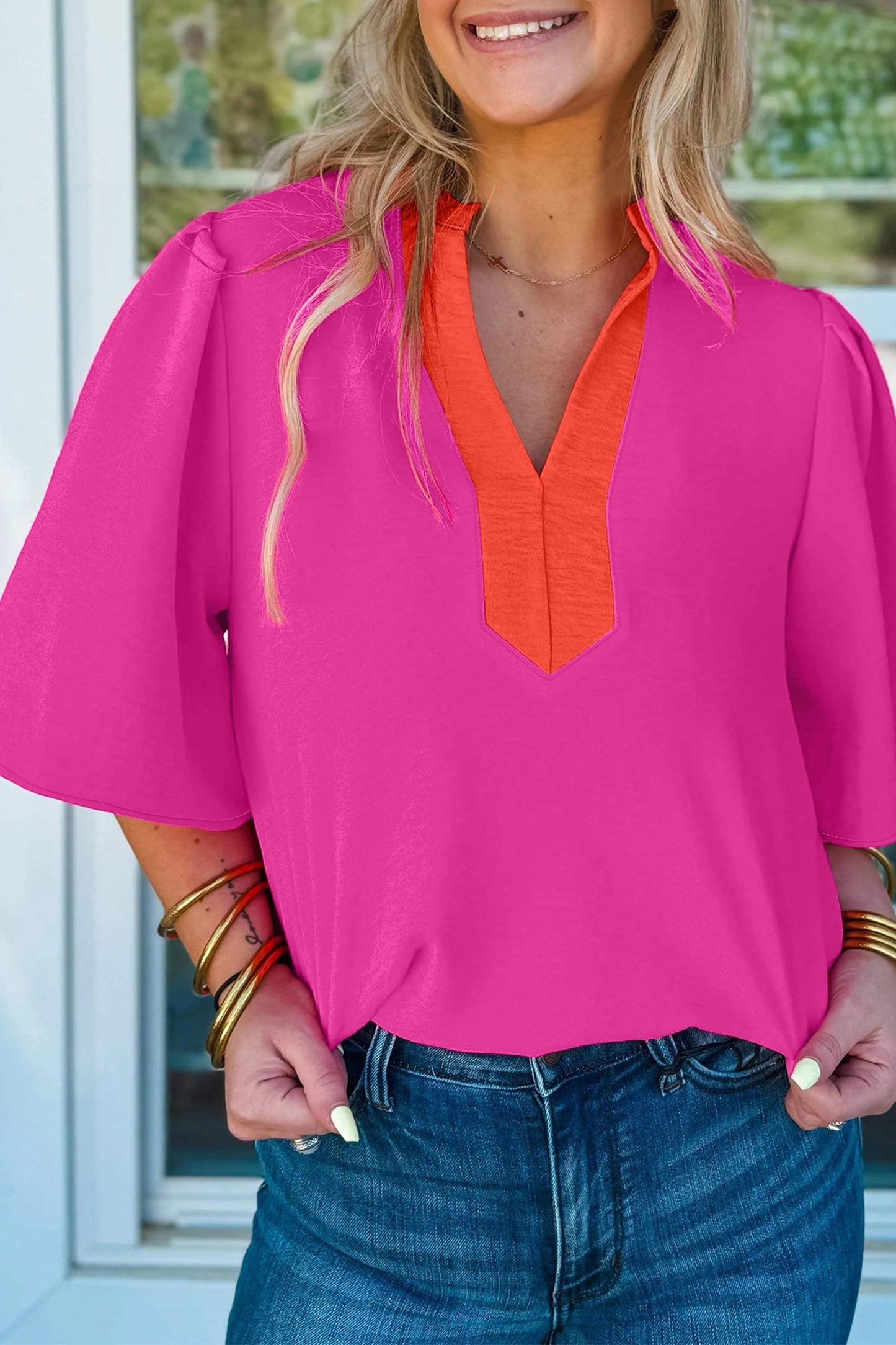 Colorblock Contrast V-Neck Wide Short Sleeve Top