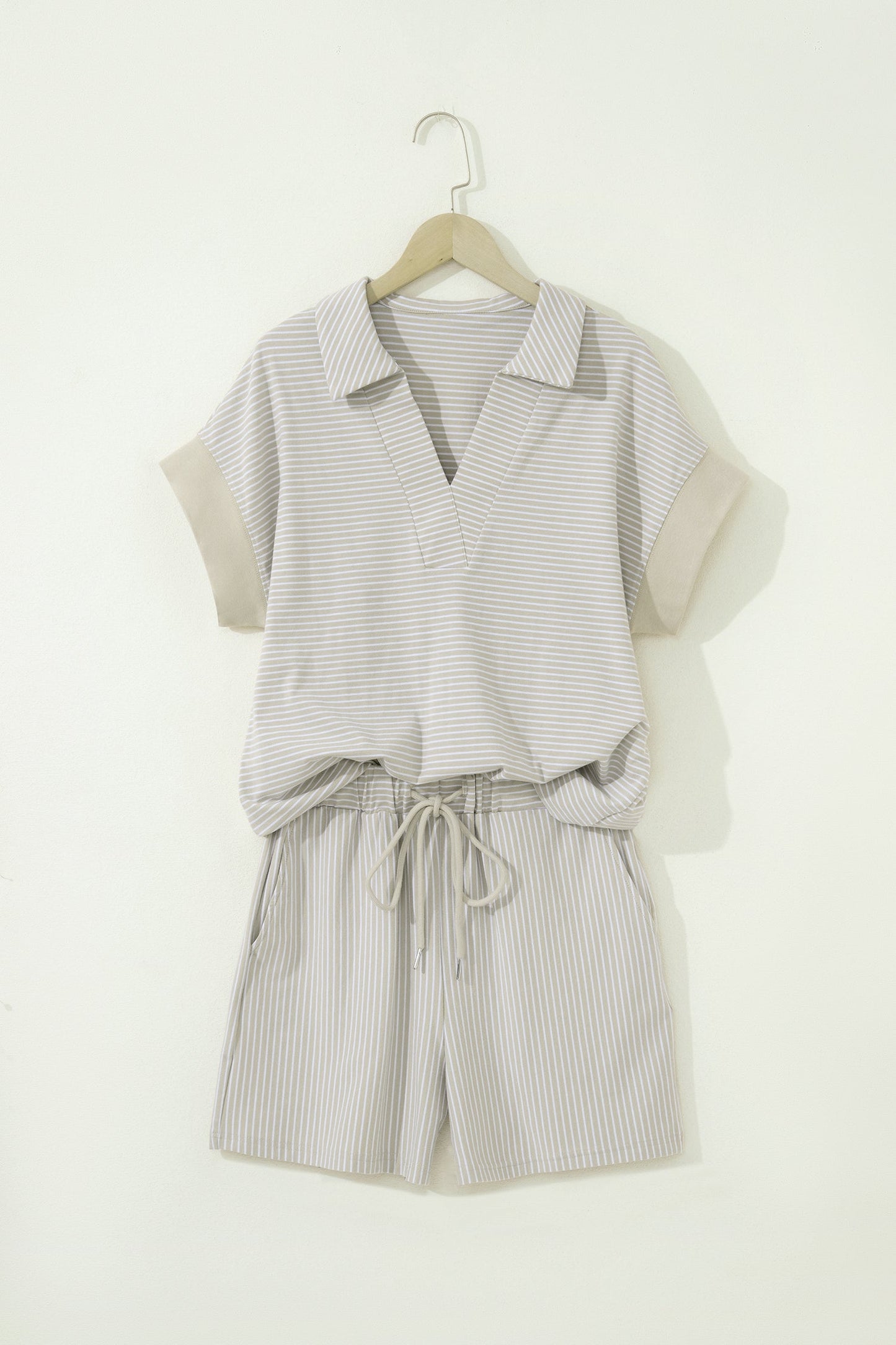 Stripe Dolman Sleeve Polo Shirt & Drawstring Shorts Set