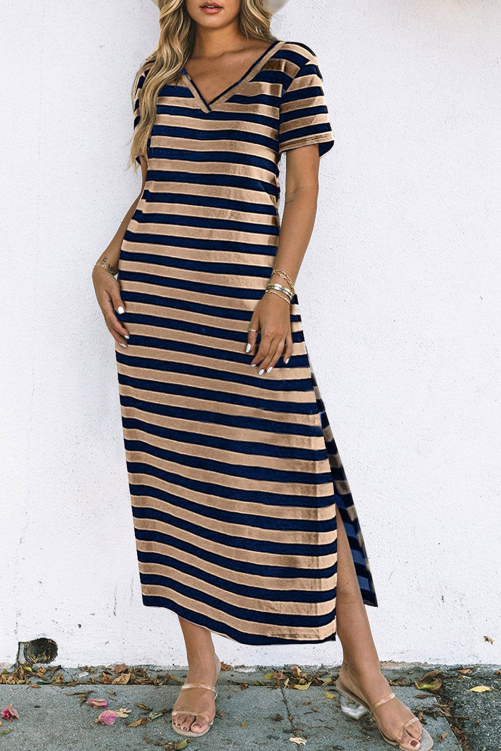 Stripe V-Neck Side Slit Maxi Dress