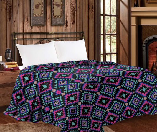 Thin Throw Blanket - Black & Pink Aztec