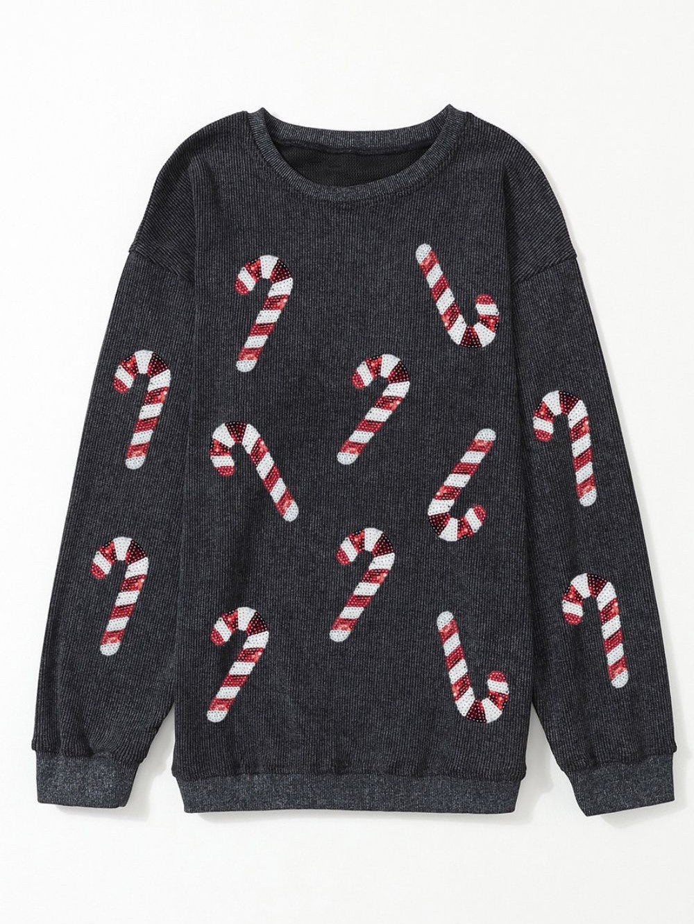 Women Sequin Candy Cane Round Neck Christmas Sweatshirt