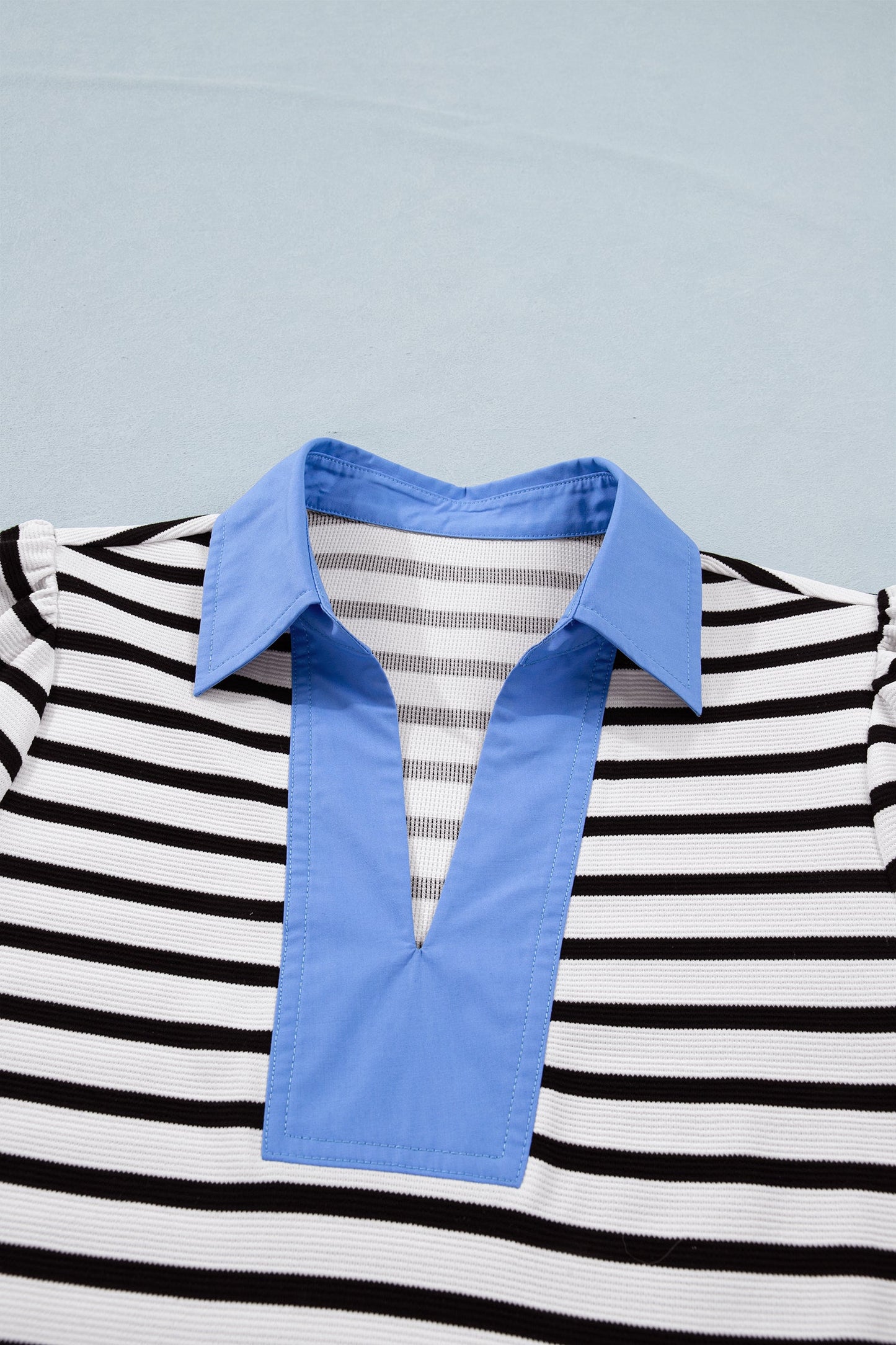 Stripe Colorblock Puff Sleeve Polo Collar Blouse