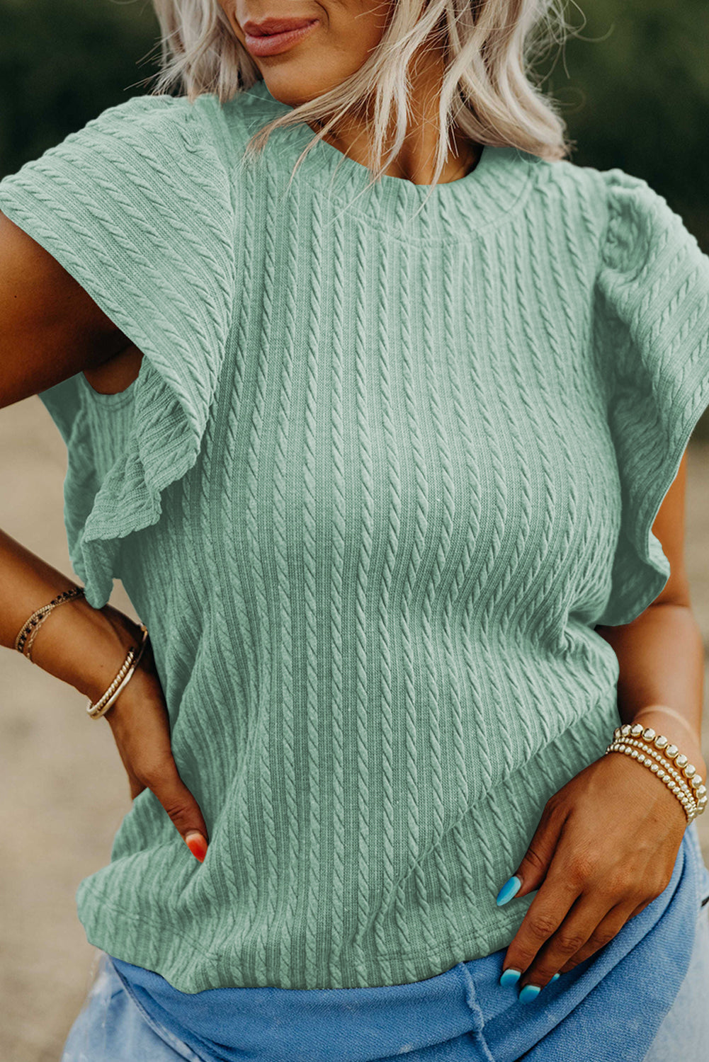 Solid Cable Textured Flutter Sleeve Top
