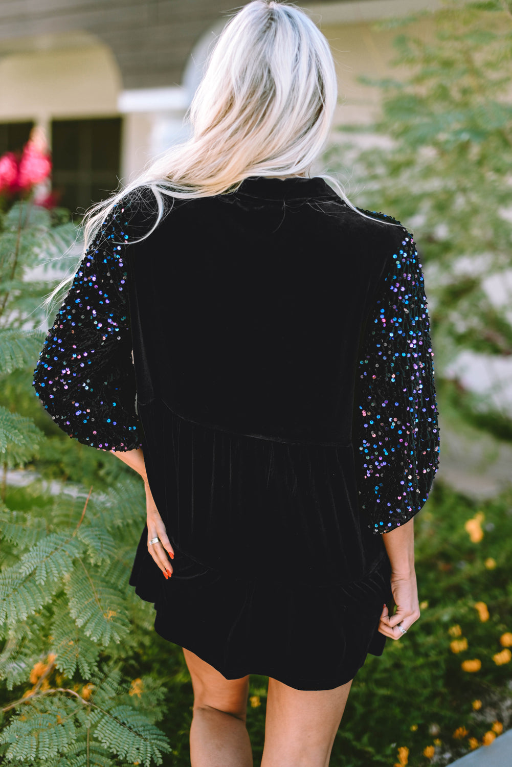 Velvet Sequin Puff Sleeve Buttoned Peplum Shirt