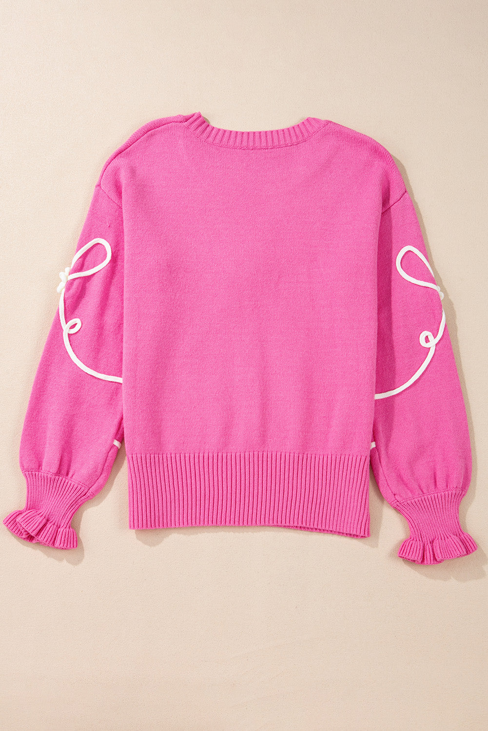 Bow Corded Floral Ribbed Trim Sweater