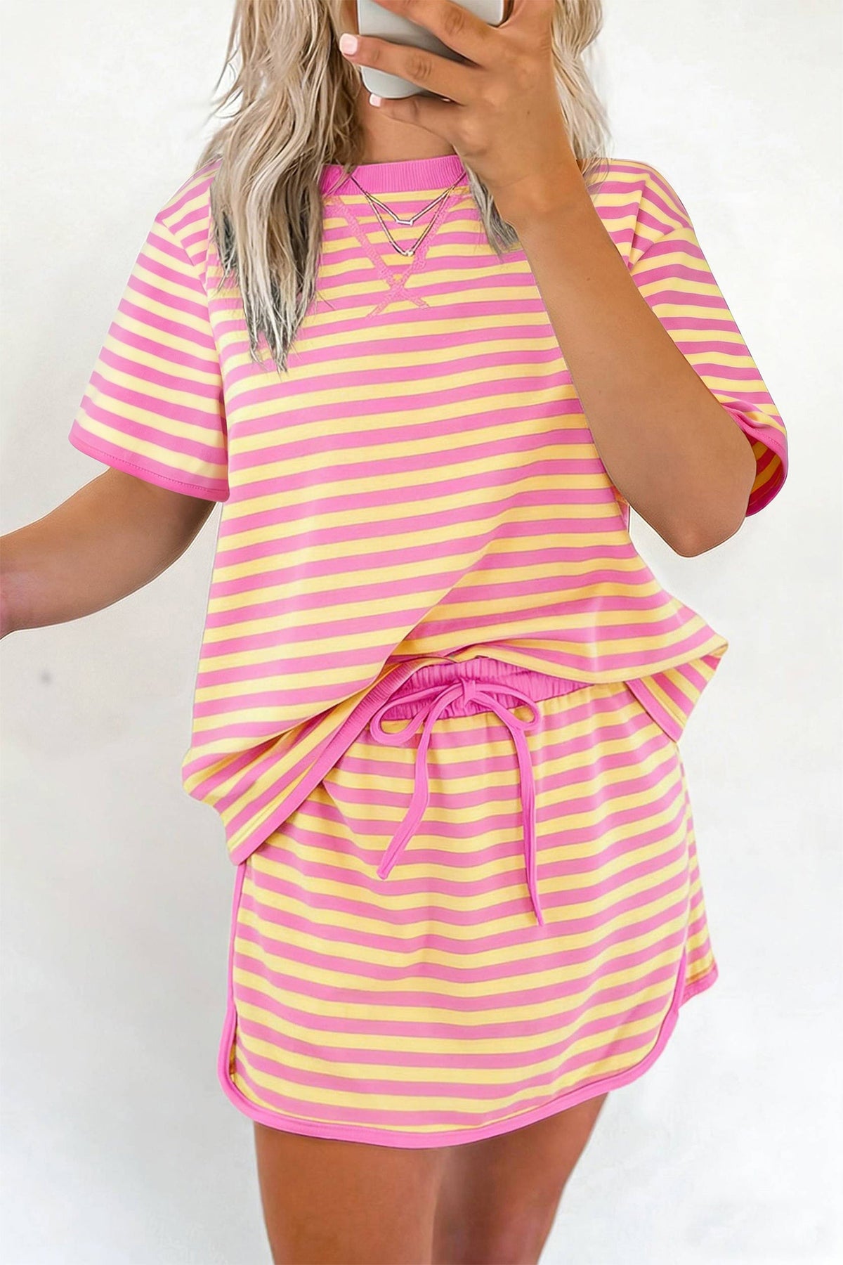 Stripe Contrast Trim Short Sleeve Top & Skirt Set