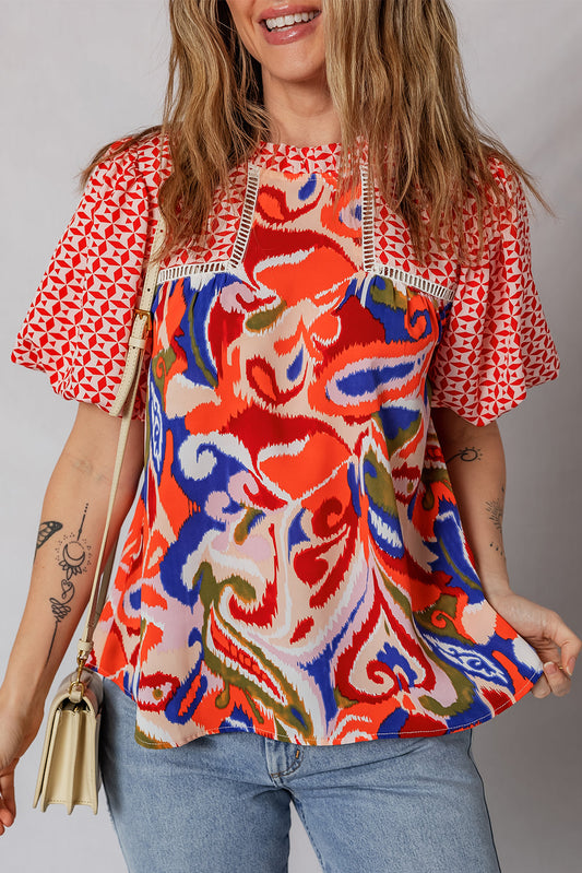 Paisley Geometric Patchwork Puff Sleeve Blouse