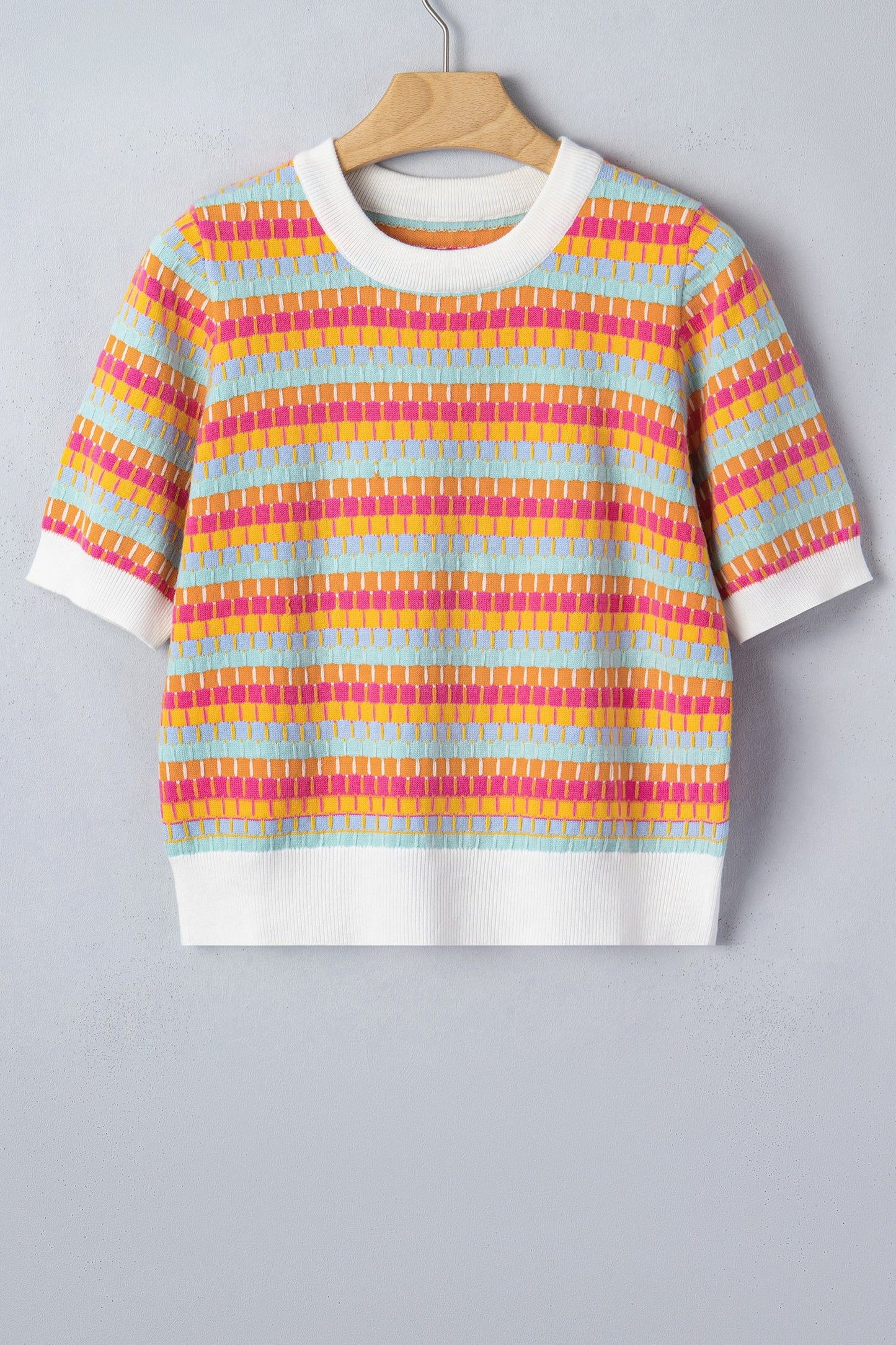 Abstract Stripe Short Sleeve Sweater Knit Top