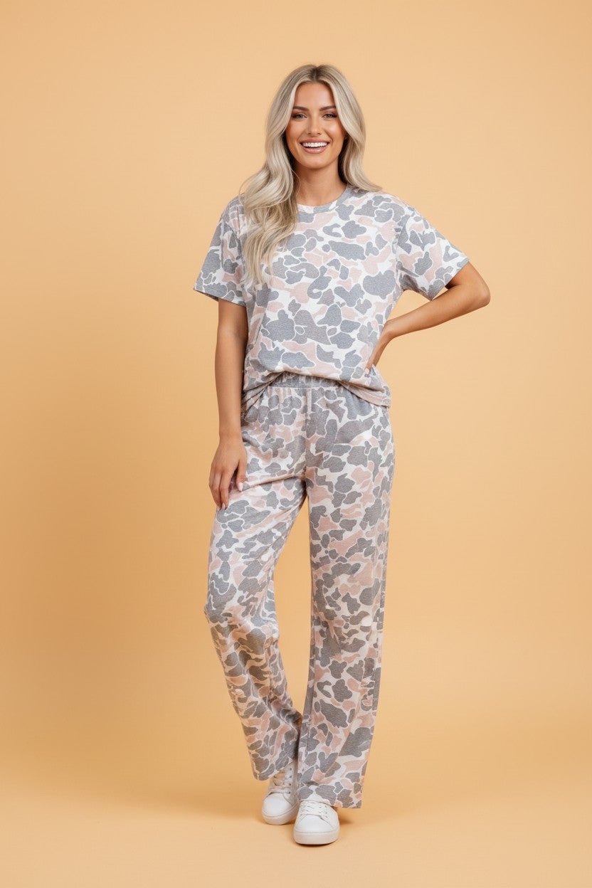 Camo Short Sleeve Top & Wide Leg Pants Set