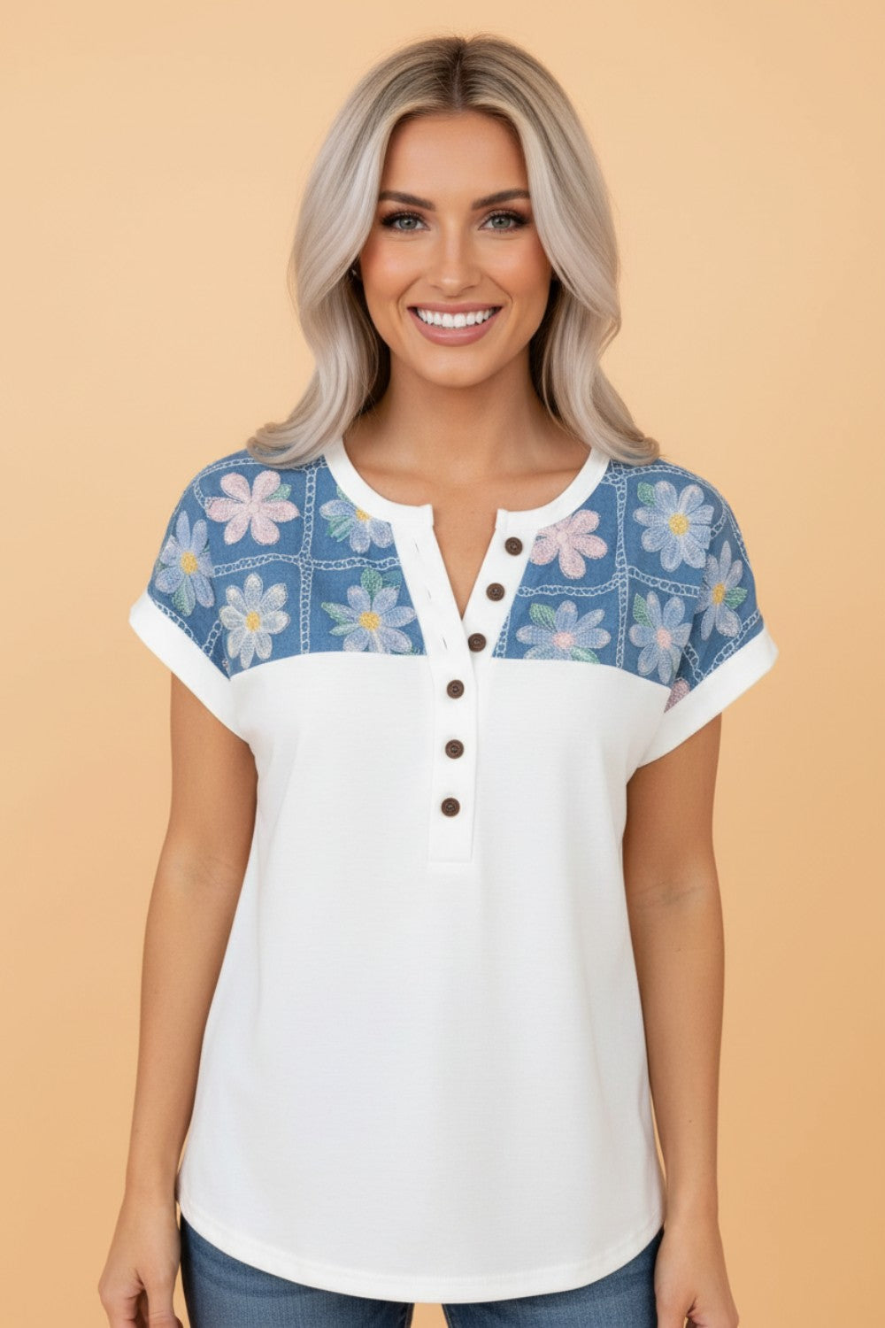 Floral Patchwork Short Sleeve Henley Blouse