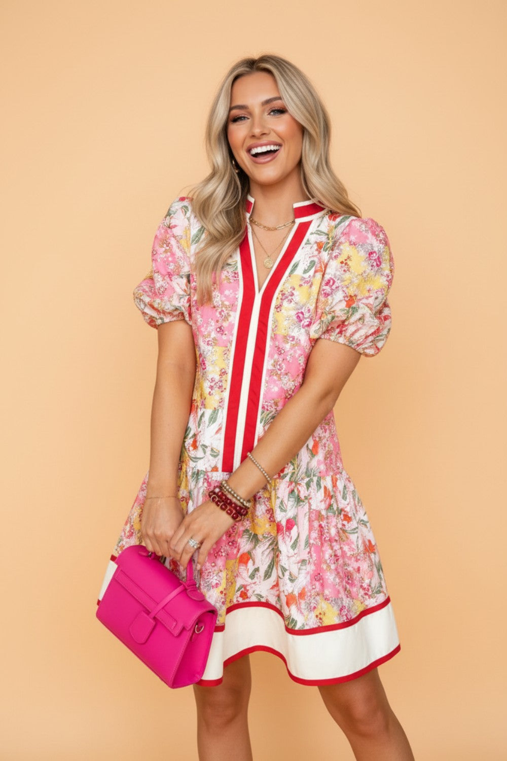 Floral Colorblock Trim V-Neck Ruffle Mini Dress