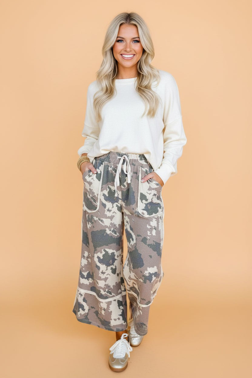 Camo Raw Edge Pocketed Drawstring Pants