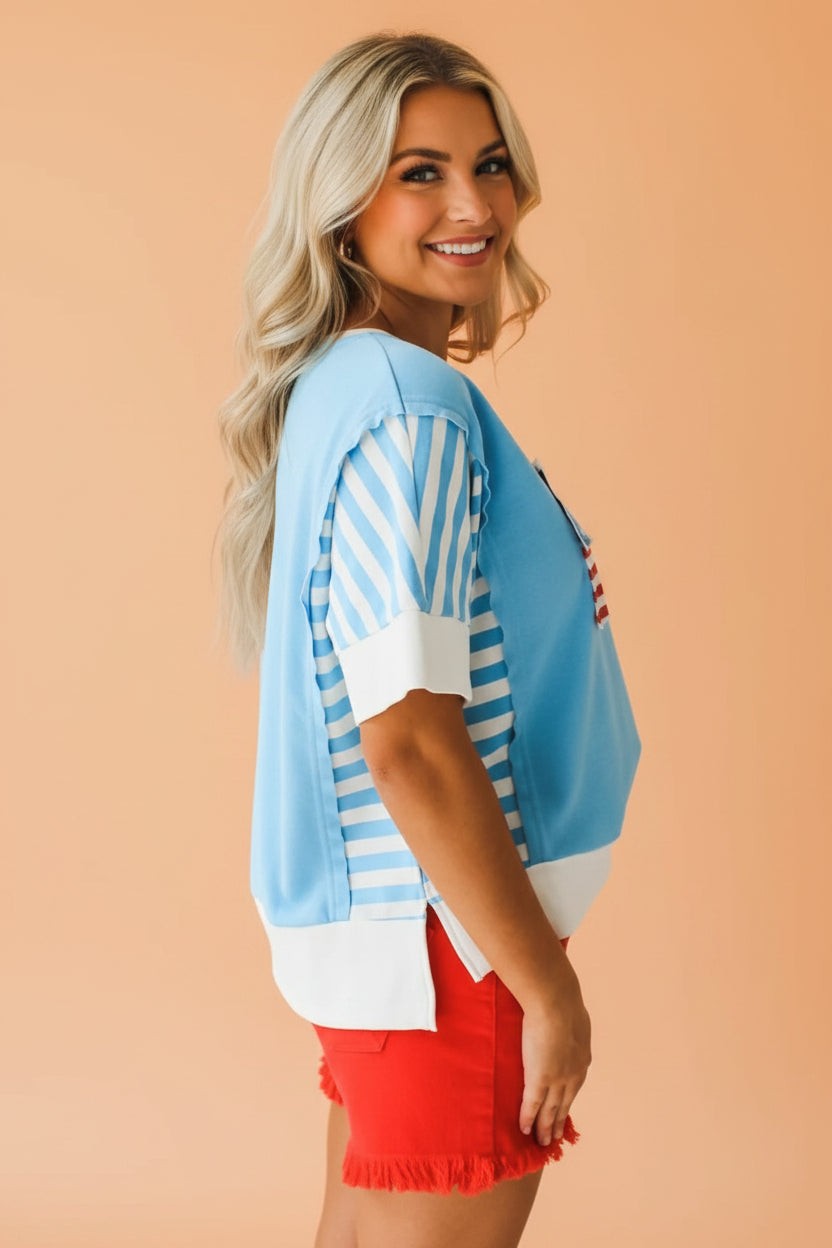 July 4th Flag Stripe Patchwork Colorblock T-Shirt