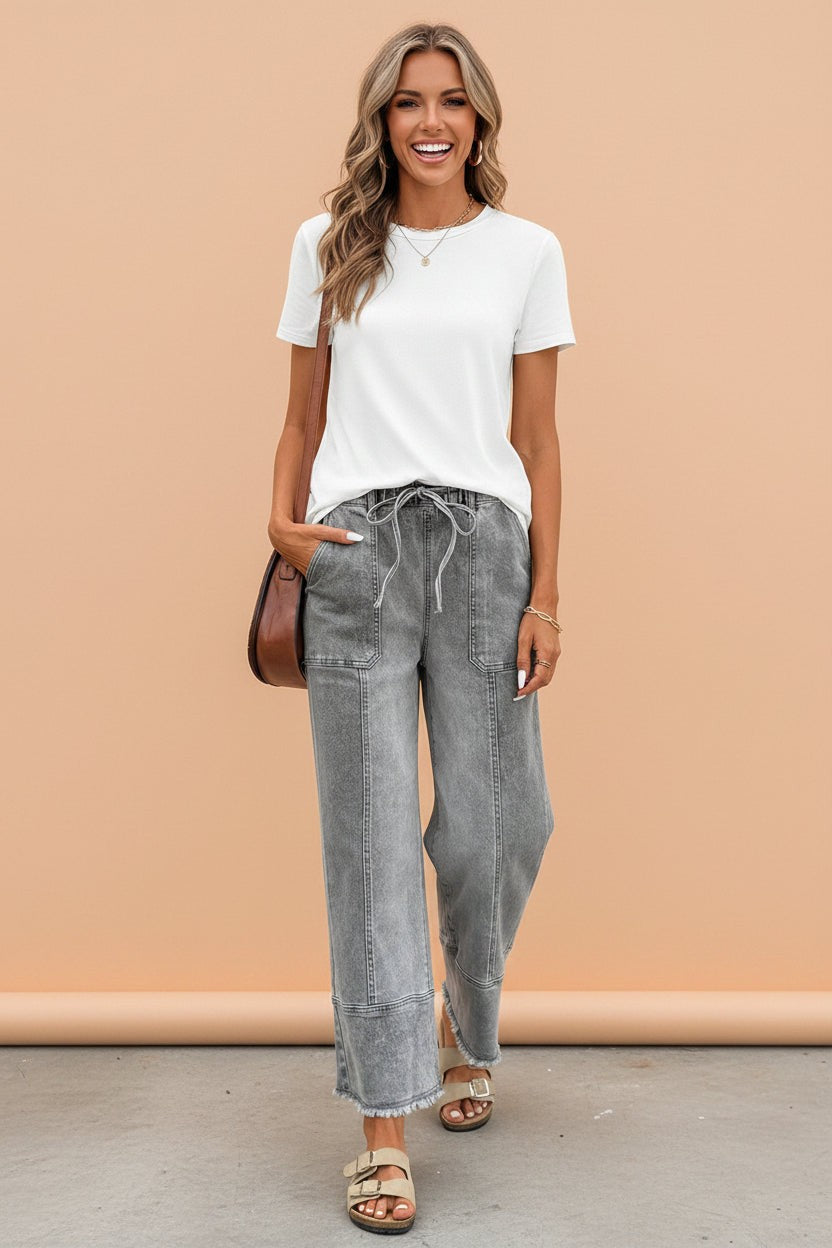 Denim Raw Hem Drawstring Wide Leg Pants