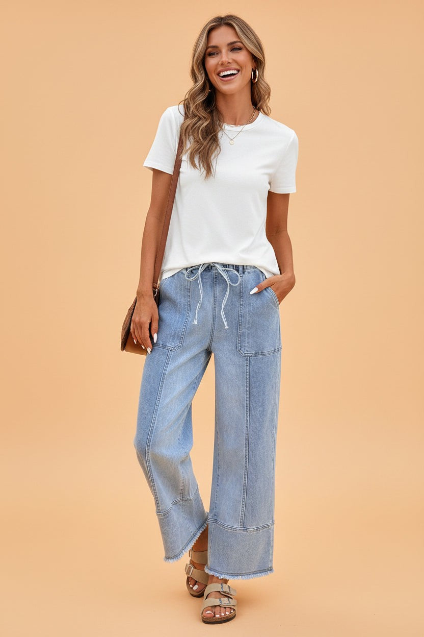 Denim Raw Hem Drawstring Wide Leg Pants