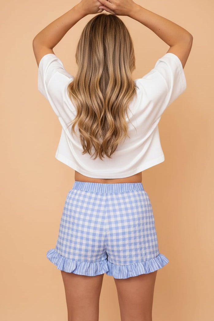 Gingham Ruffle Stripe Patchwork Lace Tie Shorts