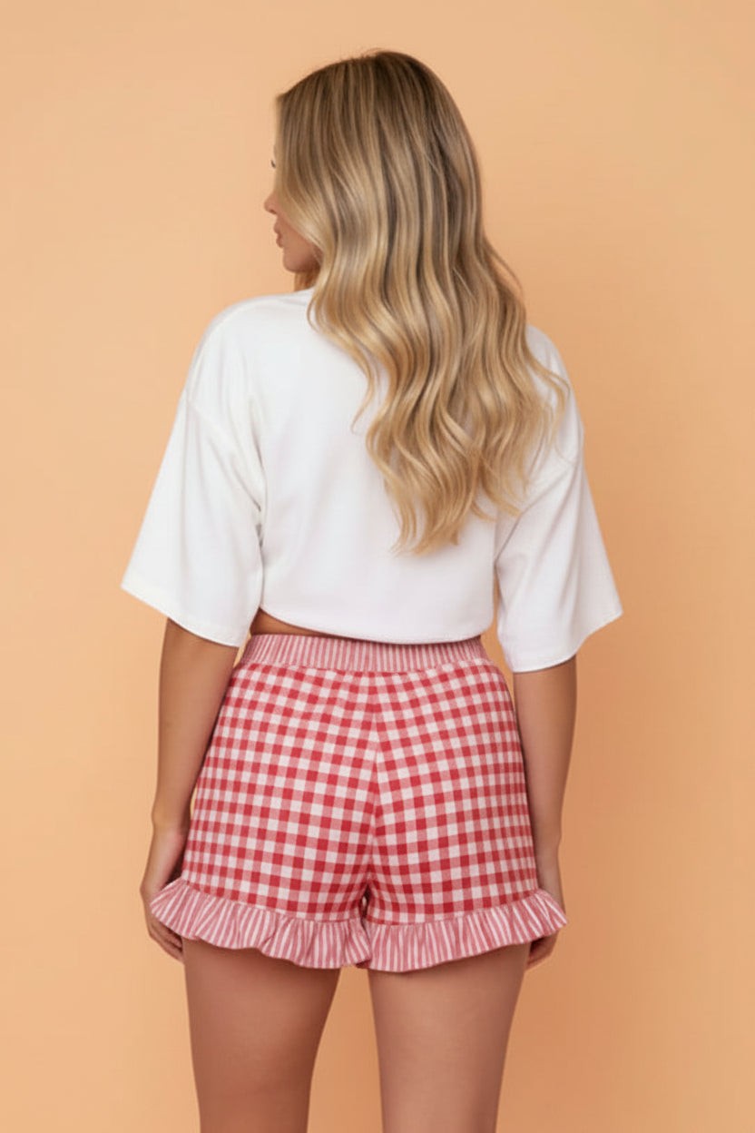 Gingham Ruffle Stripe Patchwork Lace Tie Shorts