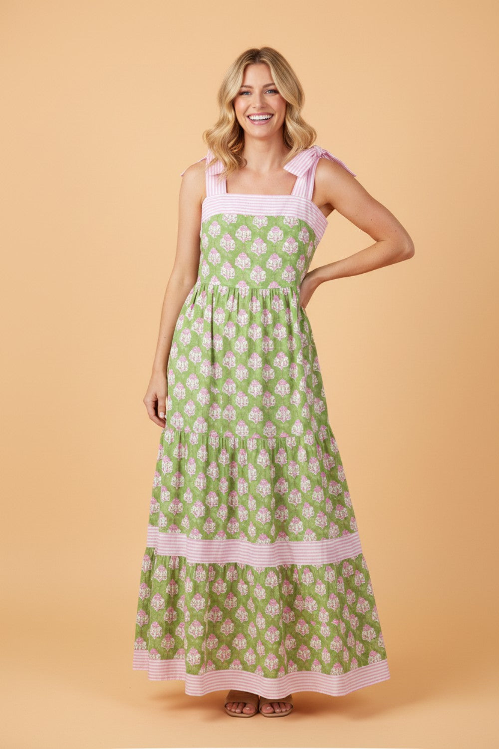Floral Stripe Patchwork Knot Strap Maxi Dress