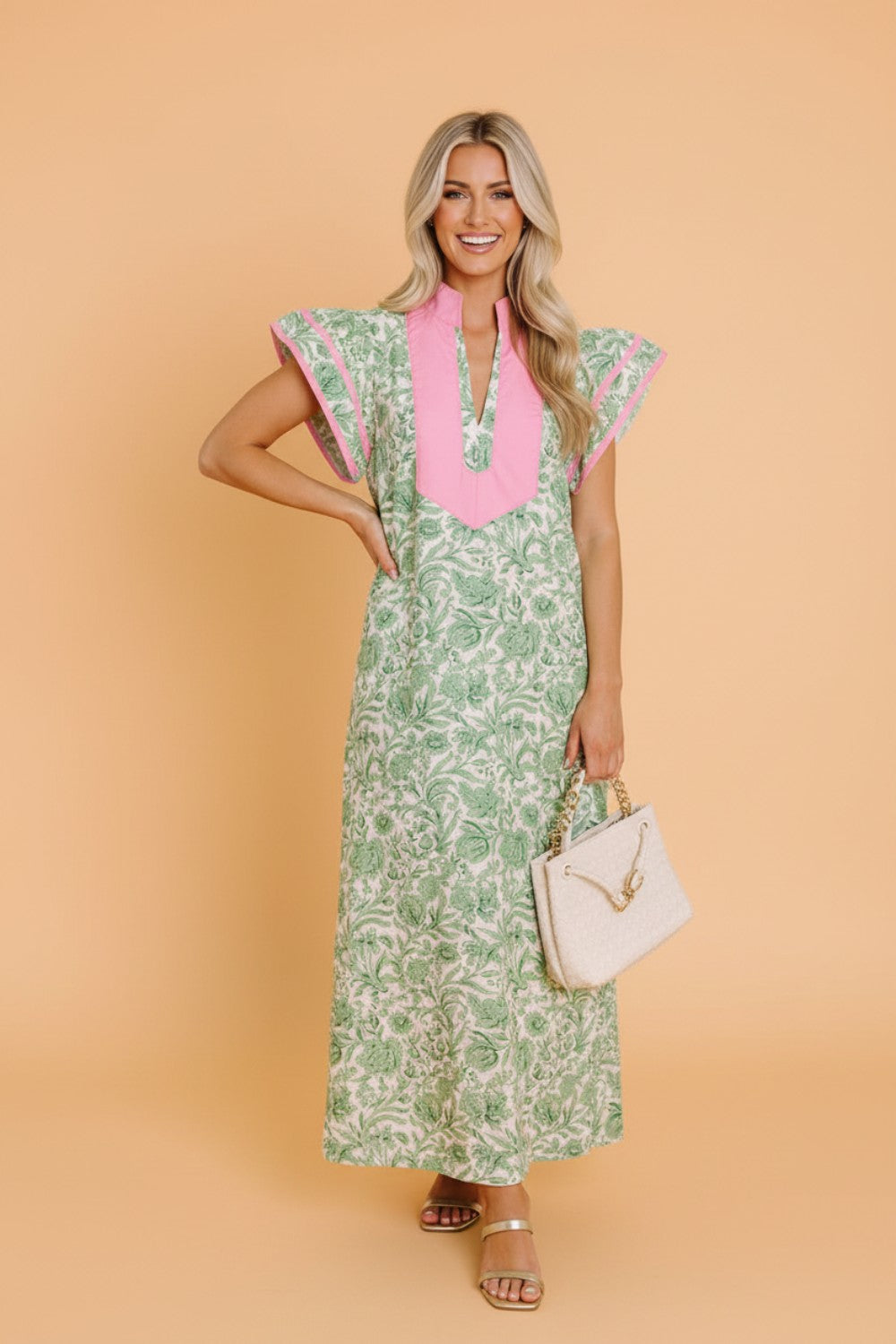 Floral Colorblock Patchwork V-Neck Midi Dress
