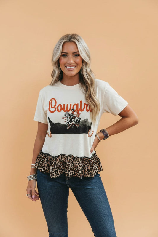 Western Cowgirl Leopard Patchwork Ruffle Hem T-Shirt